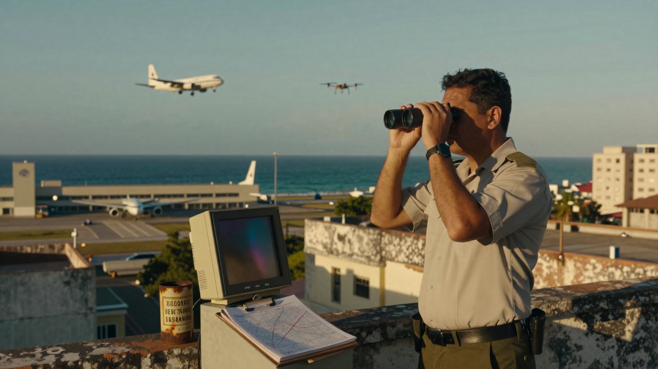Homem em uniforme observa avião com binóculo no terraço próximo a pista de aeroporto e computador antigo.