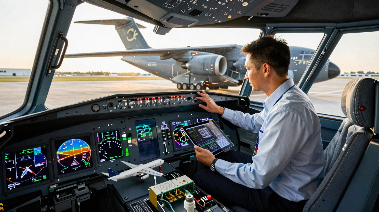 Piloto usando tablet no cockpit de avião com outro avião militar grande visível pela janela.