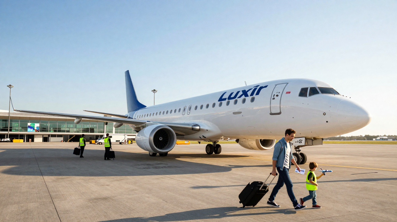 Avião Luxir estacionado no aeroporto com homem e criança caminhando com malas na pista.
