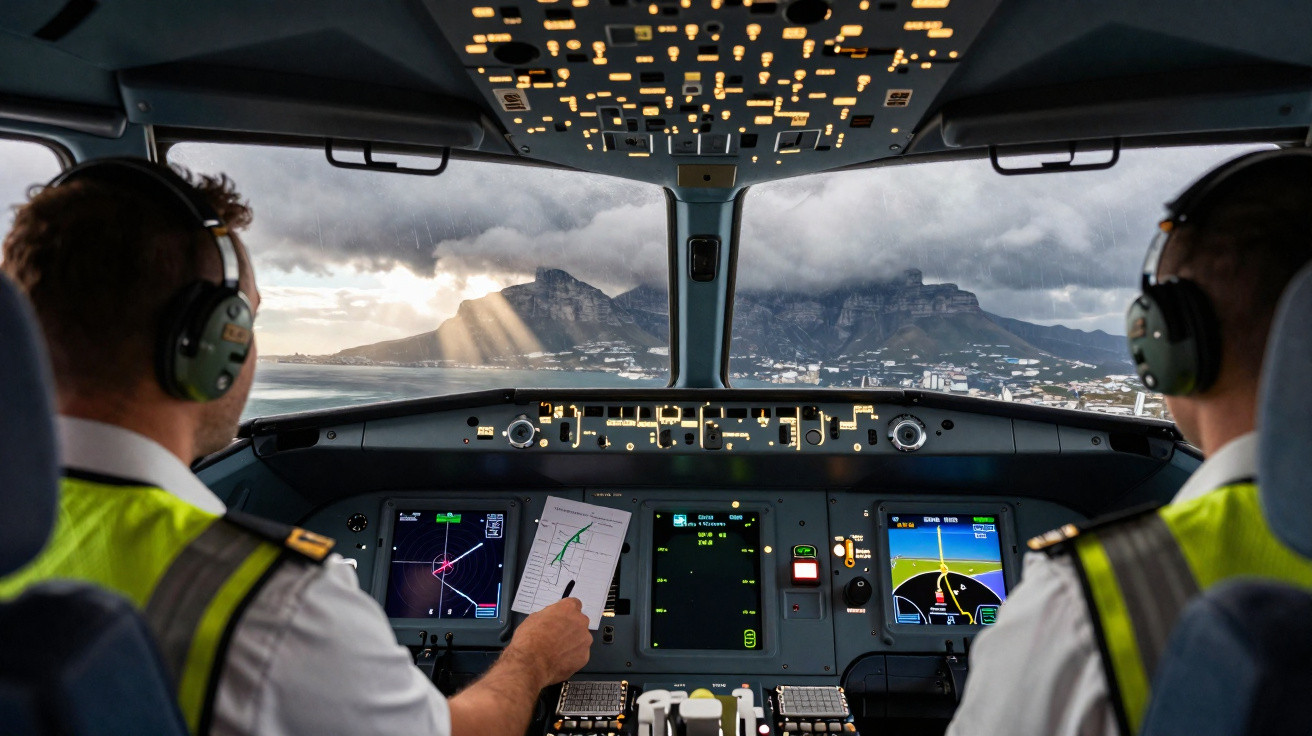Pilotos em cabine de avião com vista da montanha Table Mountain sob céu nublado.