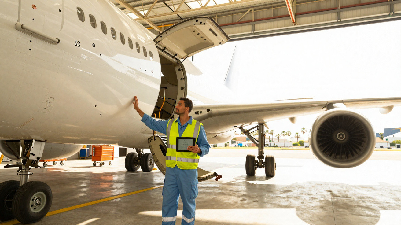 Técnico em uniforme refletivo inspeciona avião estacionado em hangar segurando tablet.