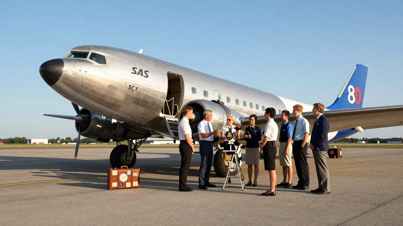 Grupo de pessoas em reunião perto de avião vintage SAS estacionado em aeroporto sob céu claro.
