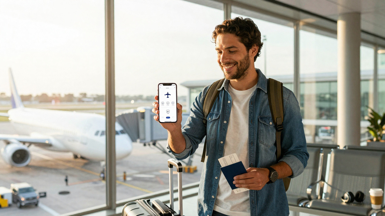 Homem sorridente no aeroporto segurando celular com app de voo, passaporte e mala ao lado.