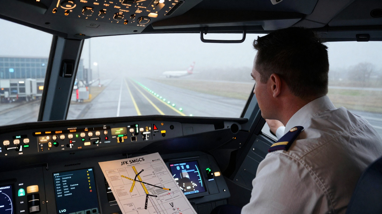 Piloto dentro da cabine de comando olhando para pista de decolagem em aeroporto nebuloso.