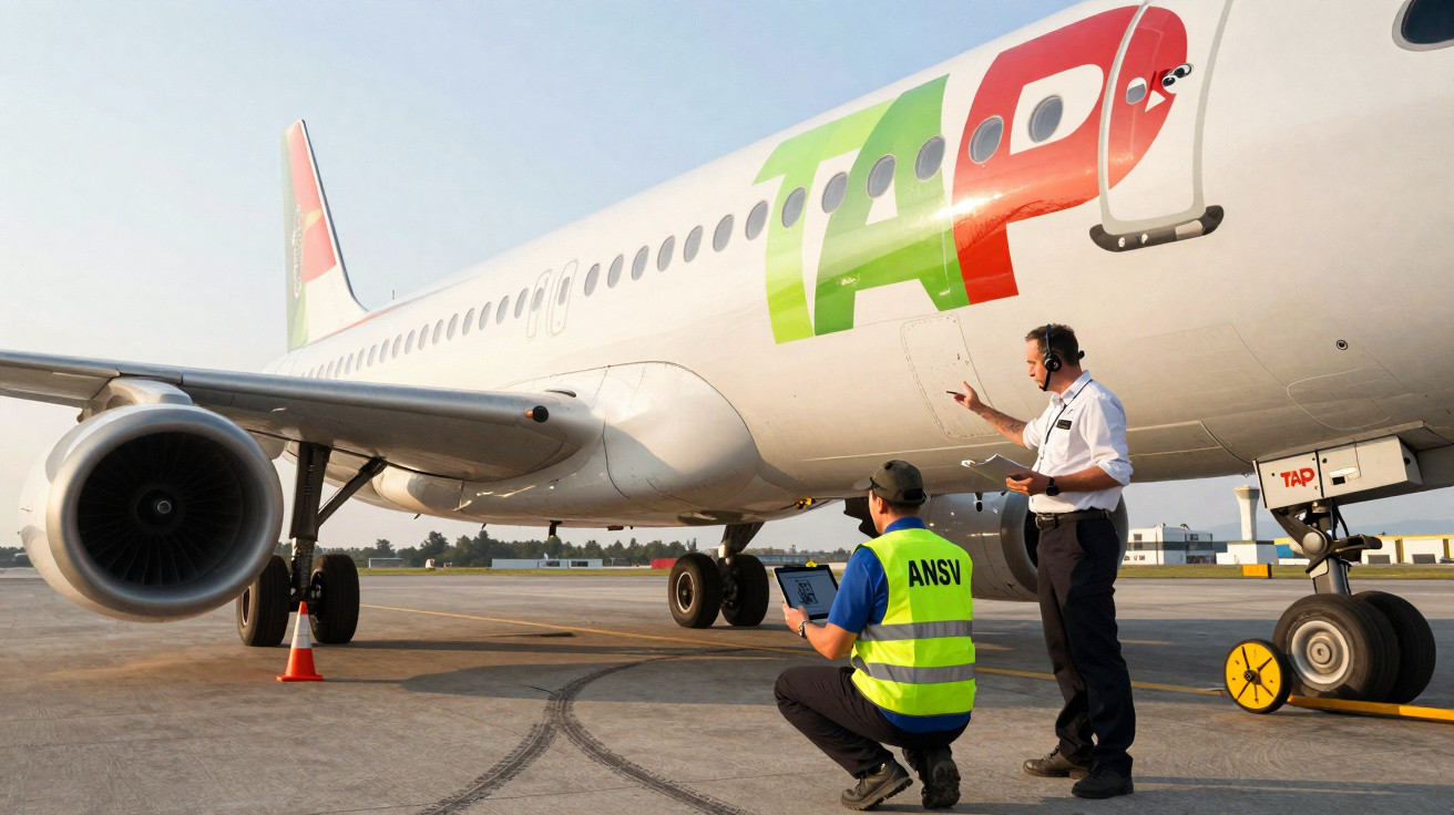 Funcionários realizam inspeção de avião da TAP no pátio de aeroporto em dia claro.