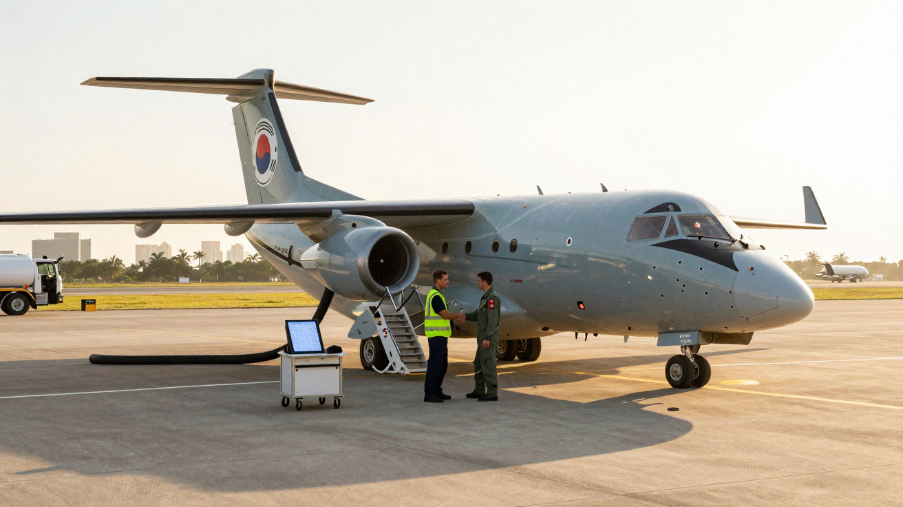 Avião militar cinza estacionado no aeroporto com dois homens se cumprimentando em frente ao avião.