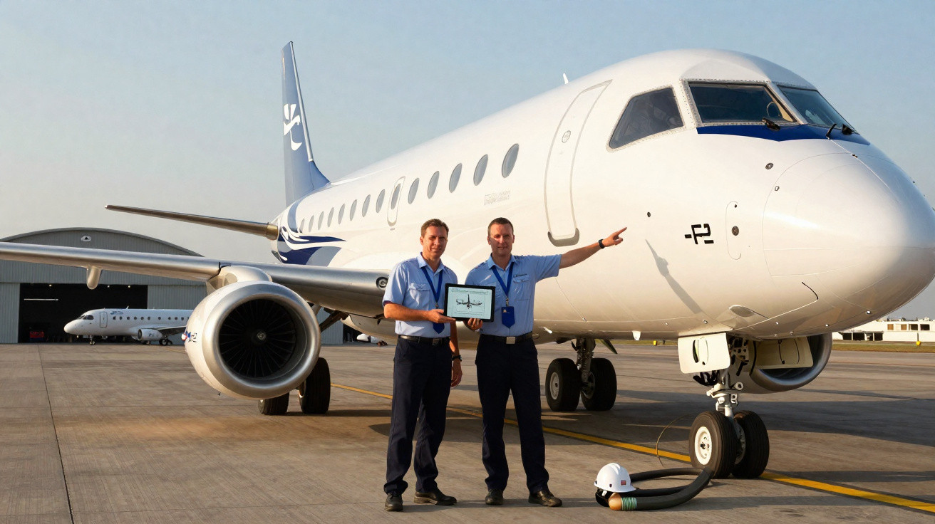 Dois homens de uniforme posam com tablet na frente de um jato branco estacionado em aeroporto.