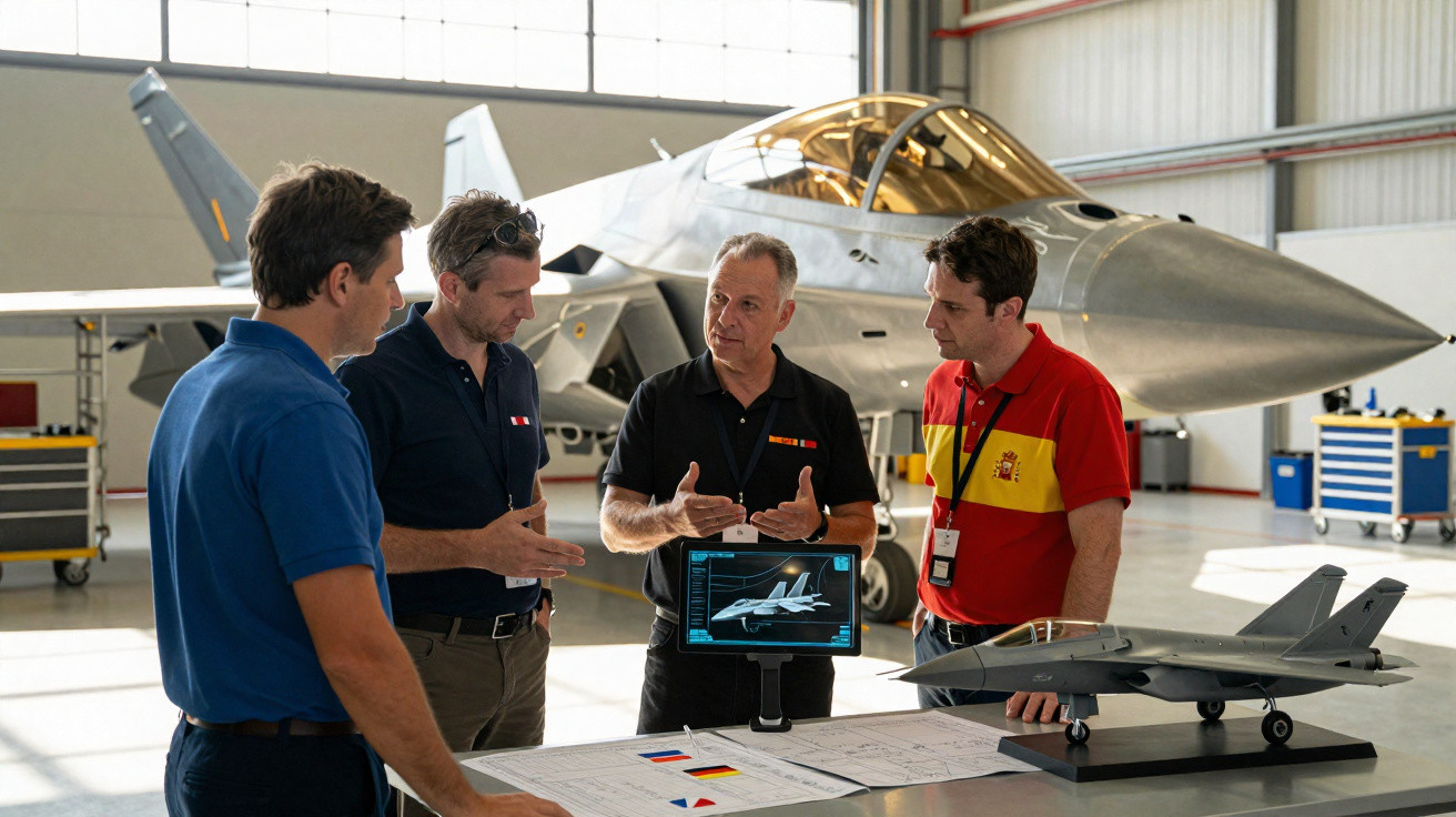 Quatro homens discutem projeto de avião militar em hangar com aeronave e maquete na mesa.