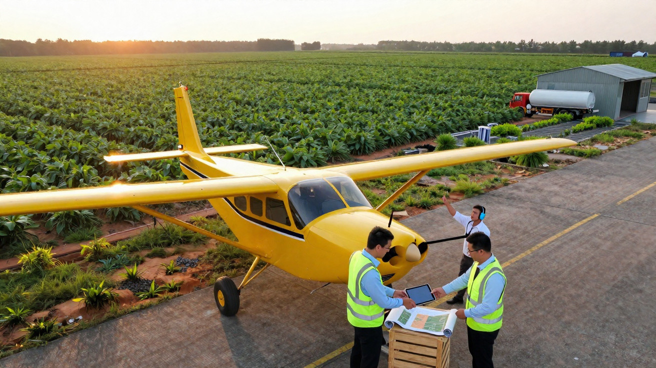 Três homens com coletes refletores ao lado de avião amarelo em área agrícola ao pôr do sol.