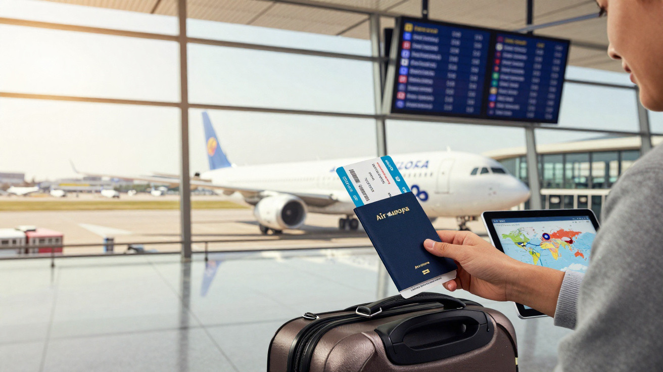 Passageiro com passaporte e cartão de embarque no aeroporto, avião estacionado ao fundo e tela de voos.