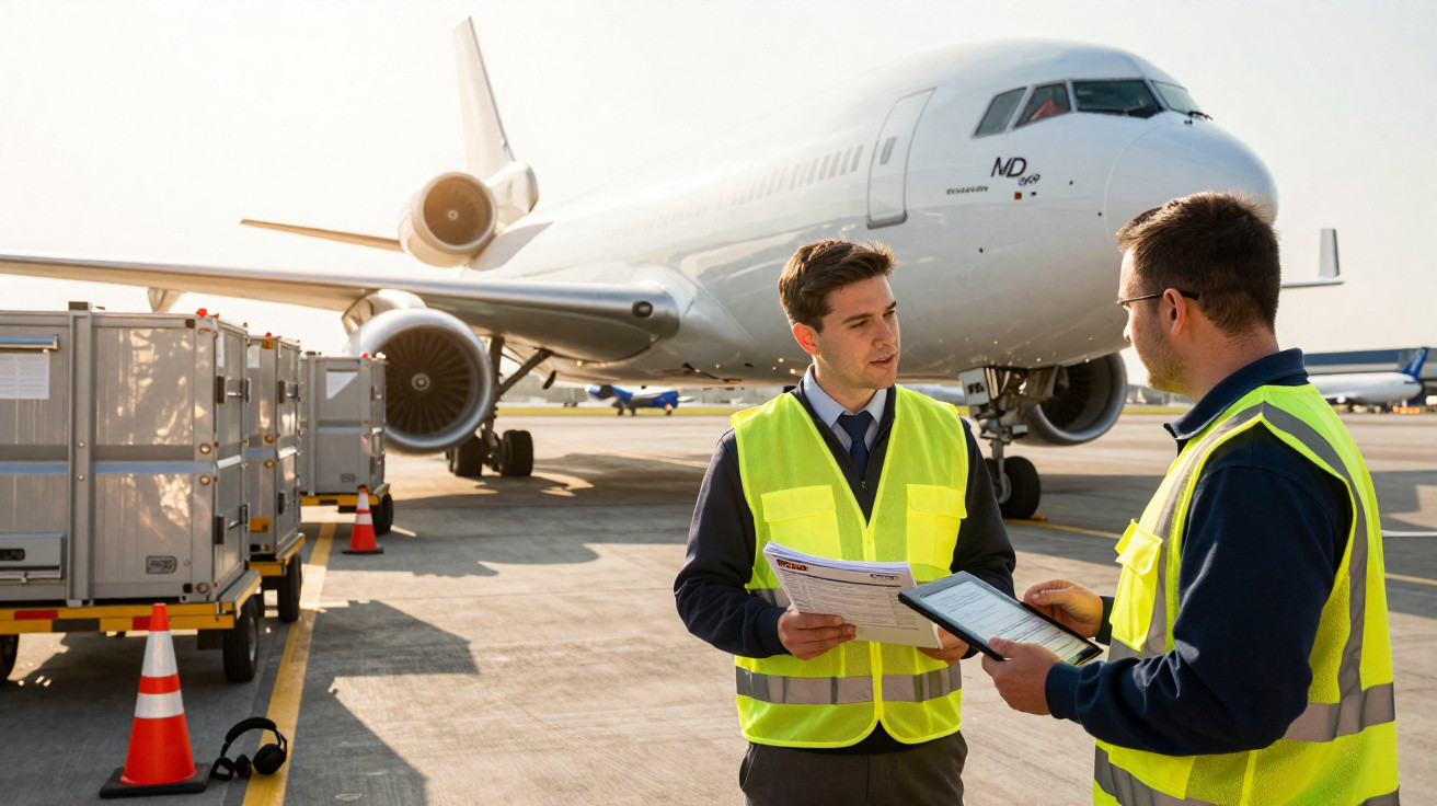 Dois funcionários com coletes refletores conversam no aeroporto, com avião e equipamentos ao fundo.