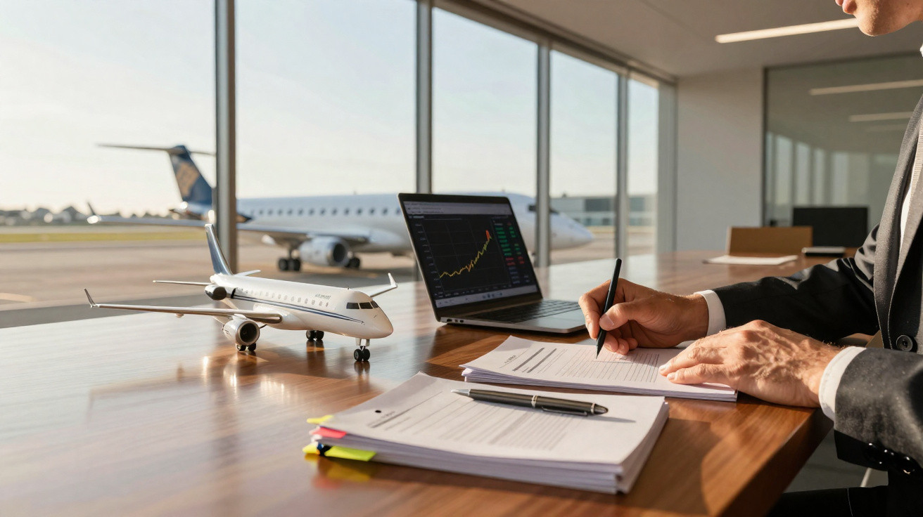 Pessoa escrevendo em documentos com modelo de avião e laptop com gráfico, em escritório frente ao aeroporto.