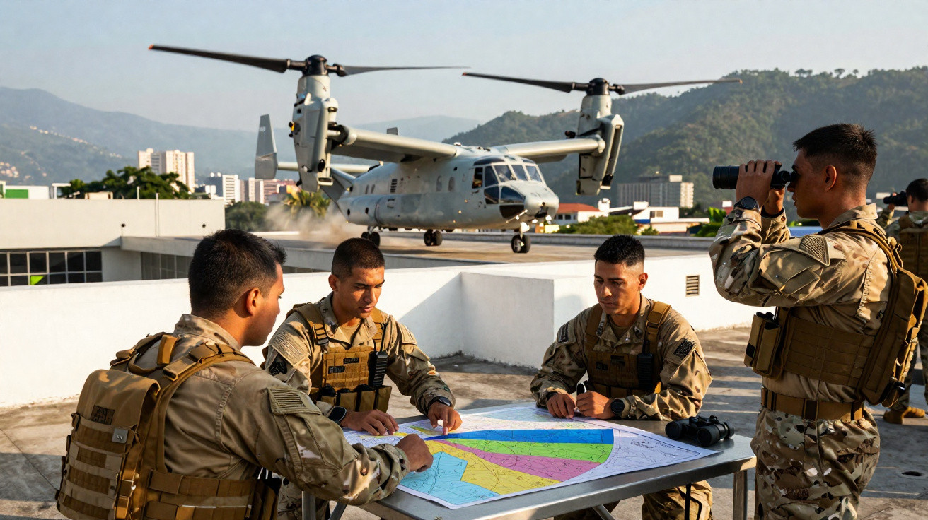 Soldados em treinamento tático com helicóptero militar ao fundo em área urbana com montanhas.