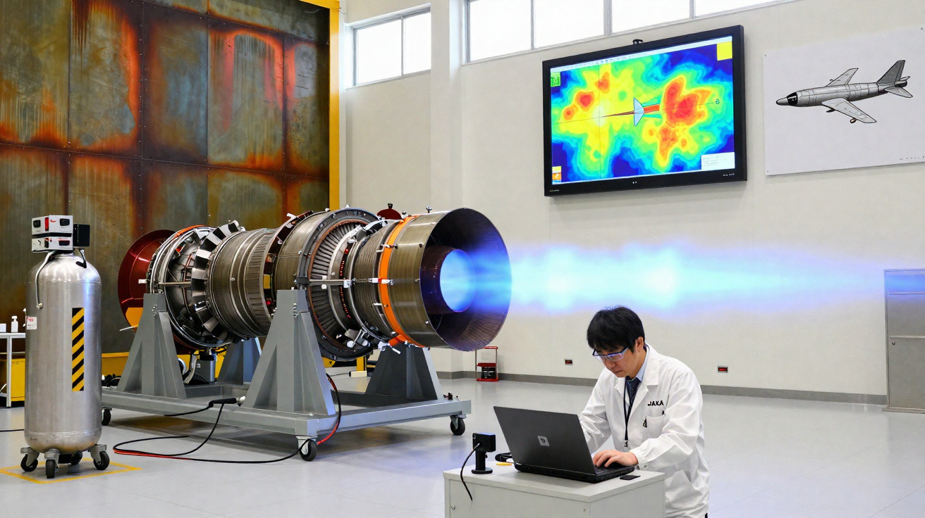 Engenheiro em laboratório testa motor a jato com simulação de fluxo azul e gráficos na parede.