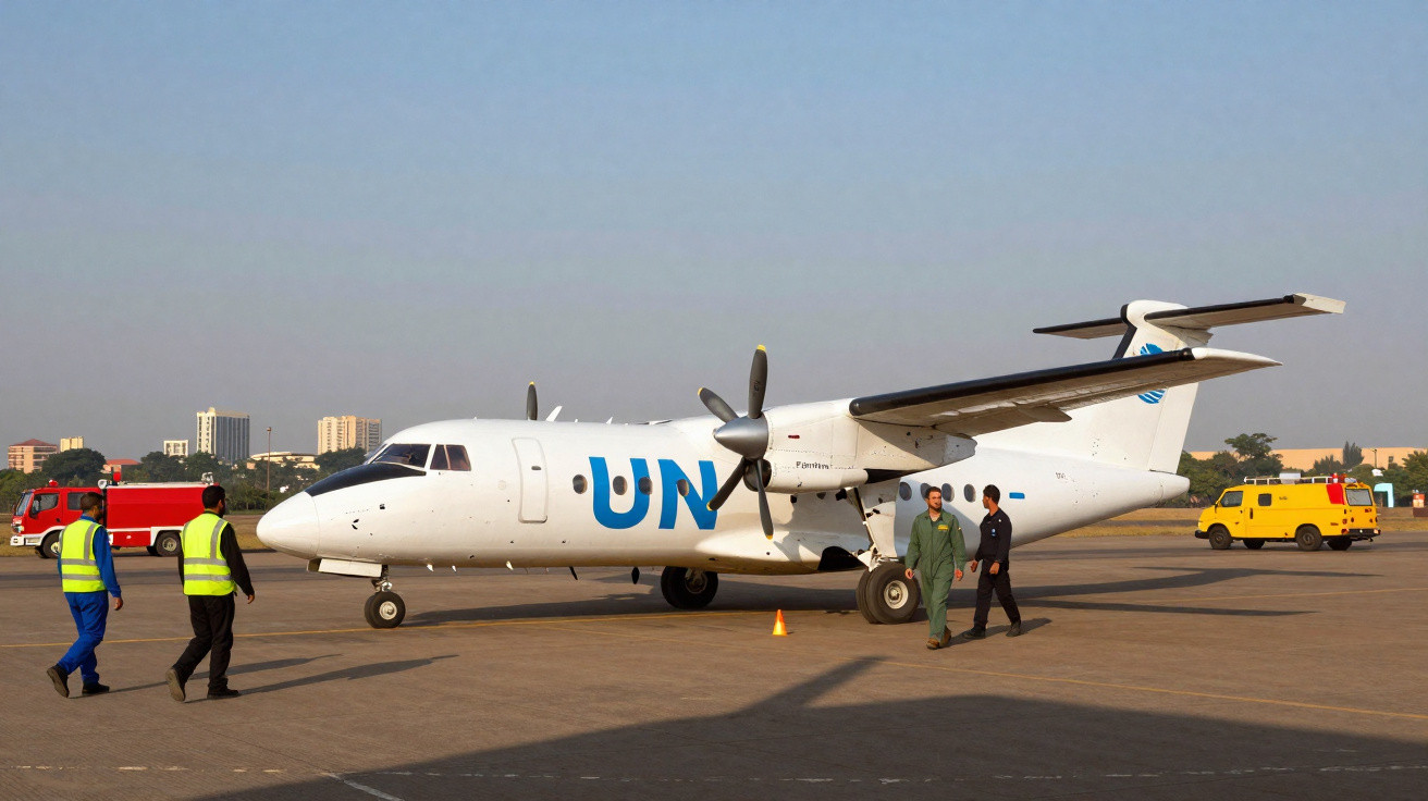 Avião branco da ONU em pista de aeroporto com quatro pessoas e dois veículos de emergência ao fundo.