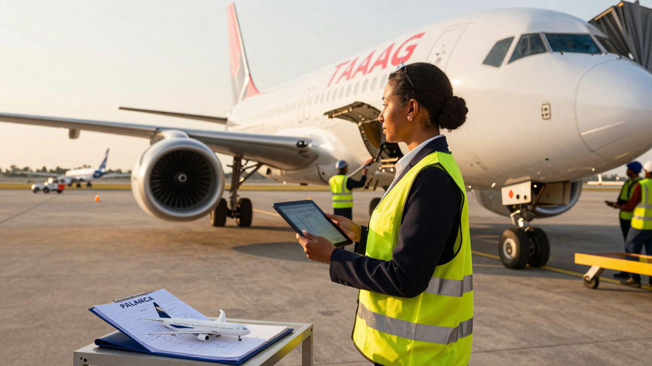 Mulher com colete refletivo verifica tablet próxima a avião no aeroporto durante o dia.