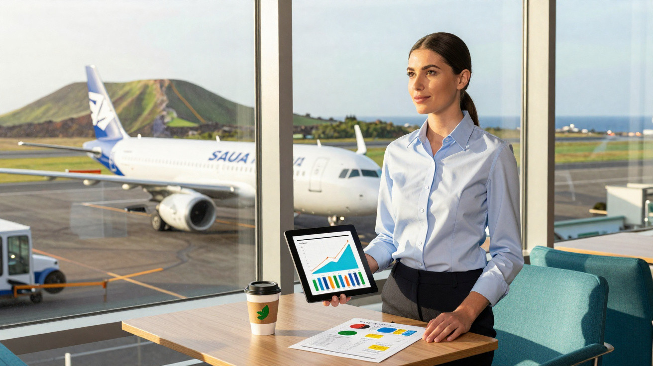 Mulher em escritório no aeroporto mostra gráficos em tablet com avião ao fundo na pista.