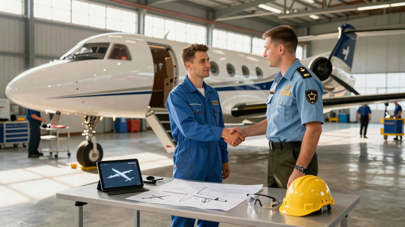 Dois homens apertando as mãos na frente de um avião em hangar, com mesa e capacete amarelo.