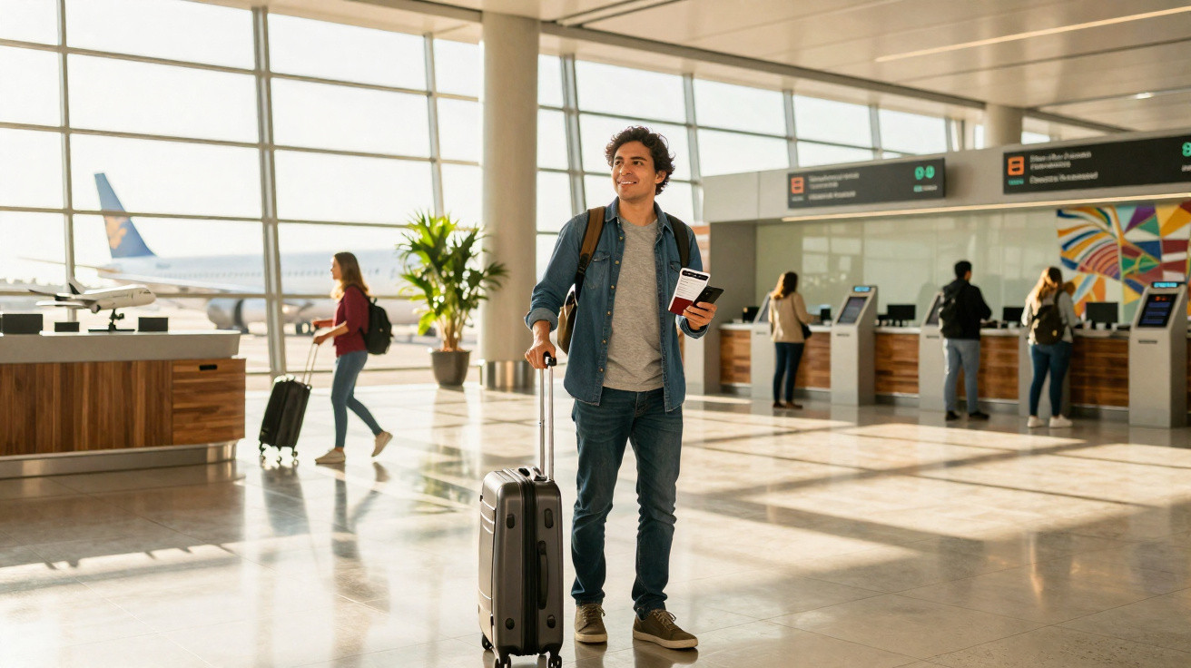 Homem jovem no aeroporto com mala e passaporte, esperando em área de check-in iluminada.