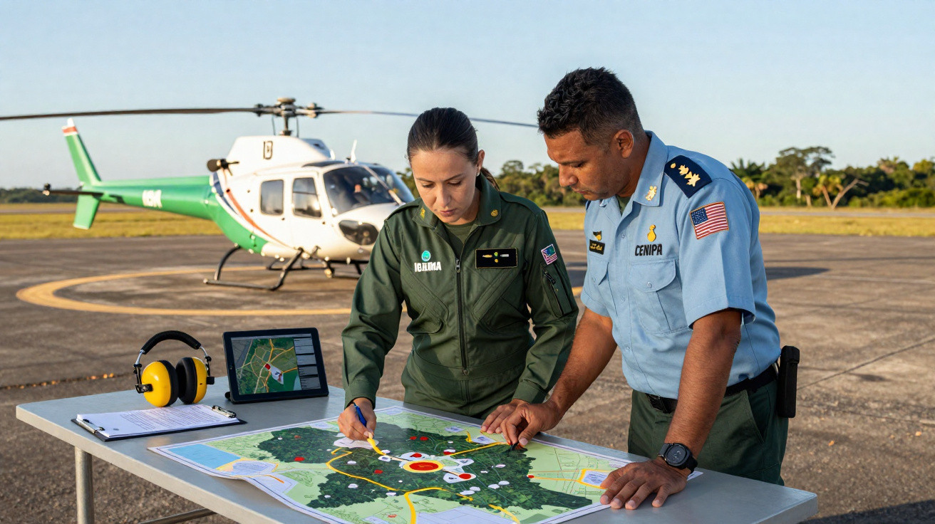 Dois militares analisam mapa sobre mesa em heliponto com helicóptero ao fundo em dia ensolarado.