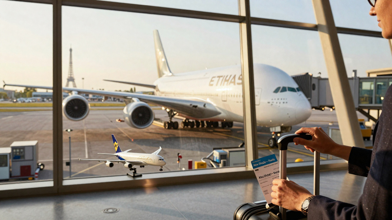 Pessoa segurando mala e cartão de embarque em aeroporto com avião Etihad estacionado e Torre Eiffel ao fundo