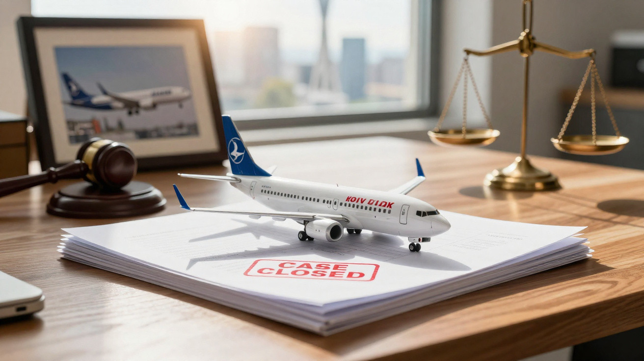 Modelo de avião sobre pilha de documentos com carimbo "Case Closed" em mesa com martelo e balança jurídica.