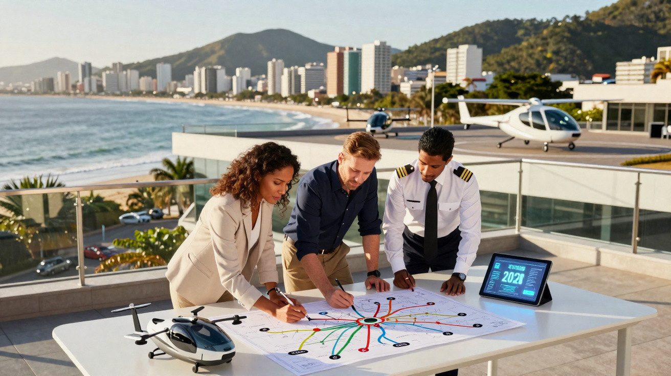 Três pessoas analisam plano com rotas e helicóptero em miniatura em varanda com vista para cidade e mar.