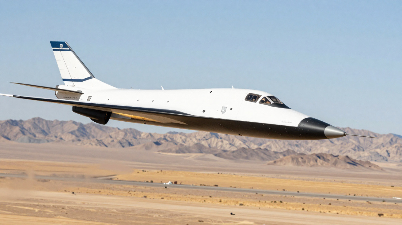 Avião experimental branco voando baixo sobre deserto com montanhas ao fundo em dia claro.