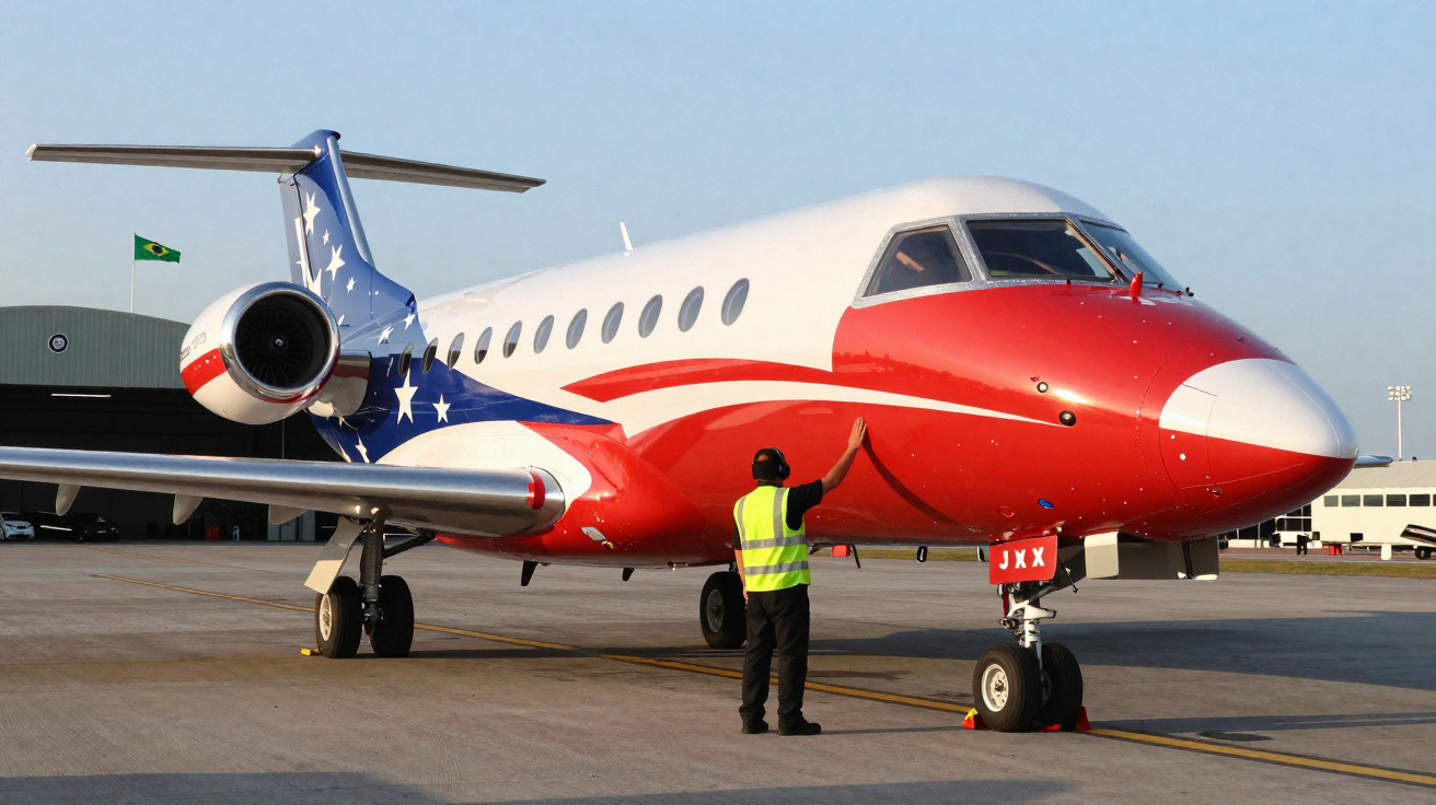 Avião executivo vermelho, branco e azul com estrelas, com trabalhador em colete amarelo sinalizando no aeroporto.