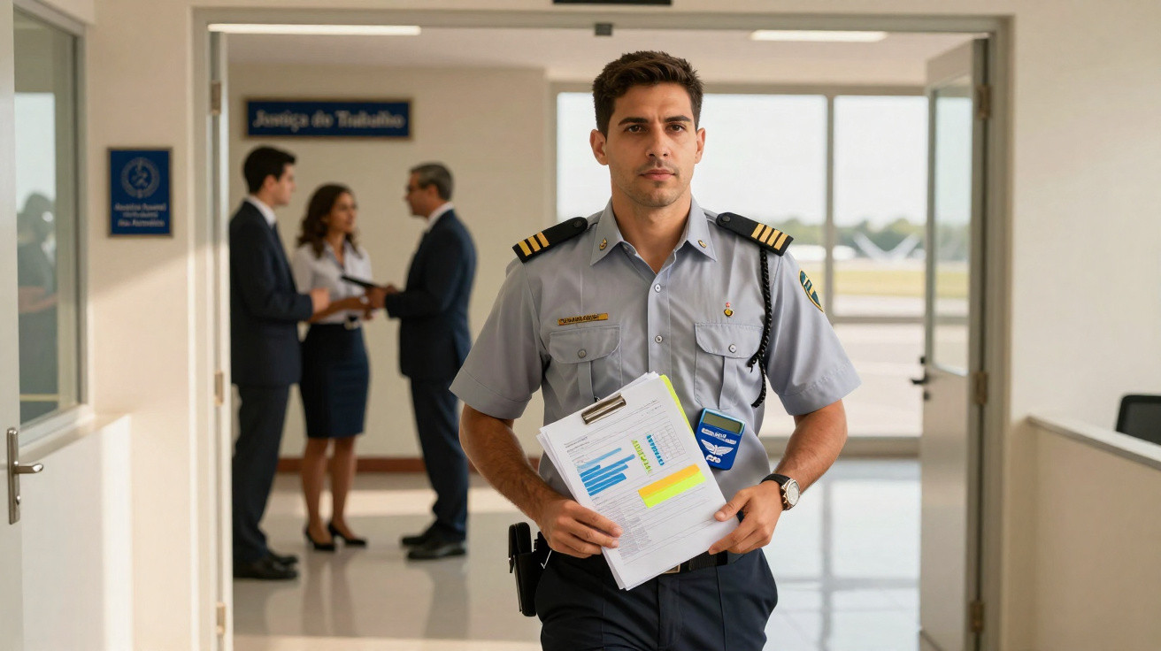 Homem em uniforme de segurança caminhando pelo corredor com documentos na mão, pessoas conversando ao fundo.