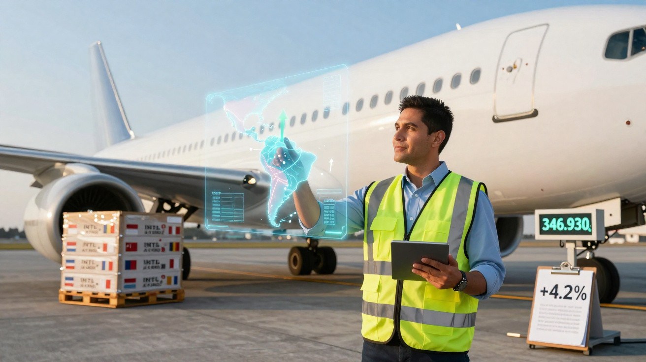 Homem com colete refletivo interage com mapa holográfico diante de avião e caixas no aeroporto.