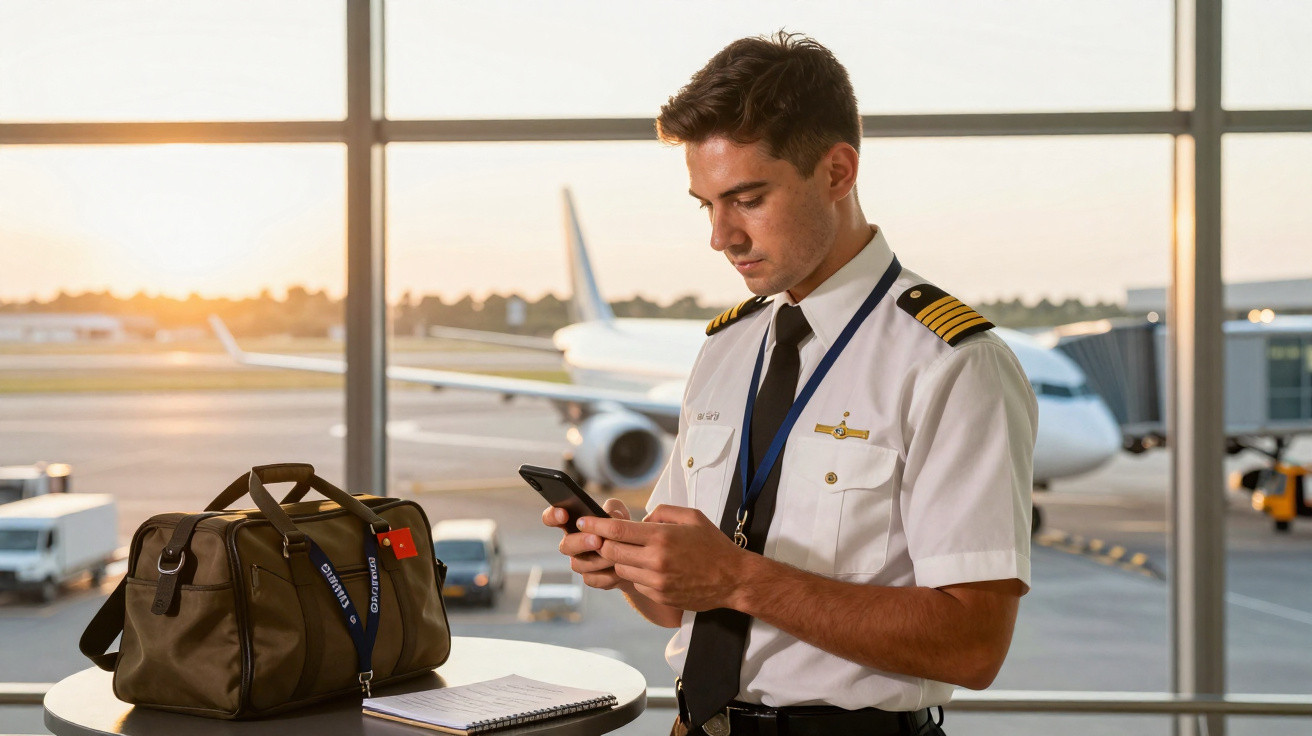 Piloto em uniforme branco verifica celular em aeroporto com avião ao fundo e bolsa em mesa próxima.