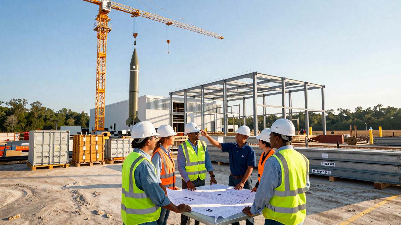 Equipe de engenheiros com capacetes e coletes discutindo planta em obra com guindaste e estrutura metálica ao fundo.
