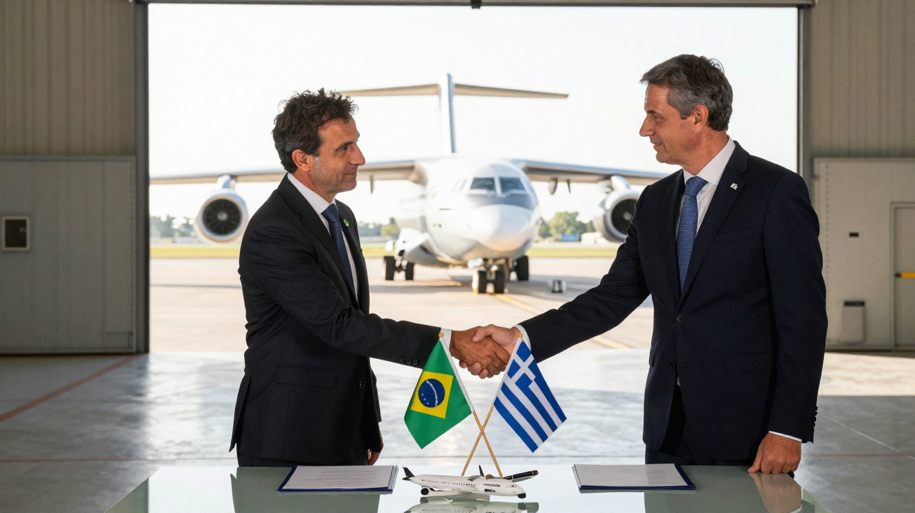 Dois homens em ternos apertam as mãos diante de bandeiras do Brasil e da Grécia com um avião ao fundo em hangar.