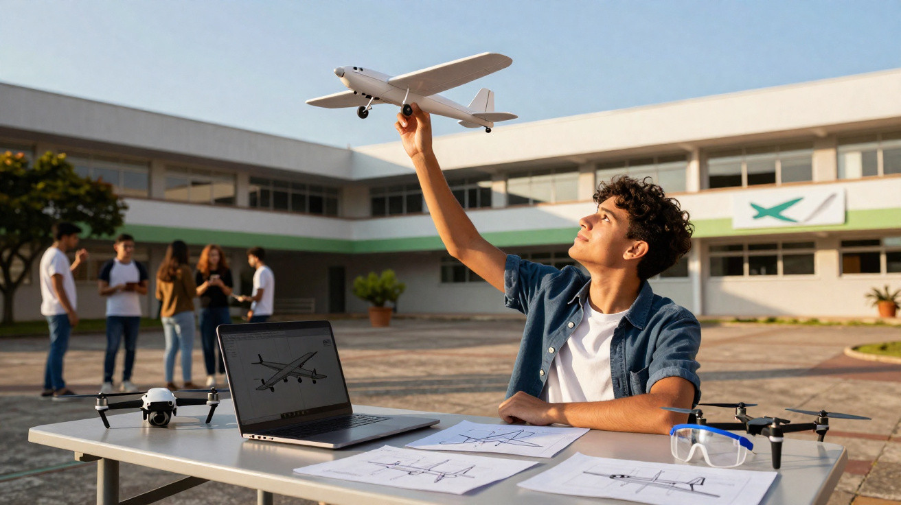 Jovem segurando modelo de avião enquanto estuda projeto de drone em mesa externa de escola.