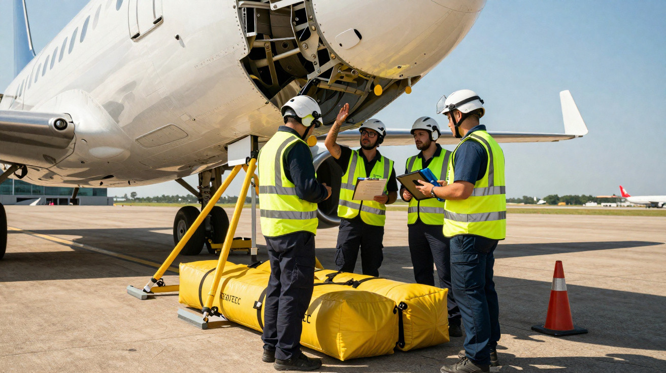 Quatro técnicos em coletes reflexivos inspecionam motor de avião parado em pista de aeroporto.