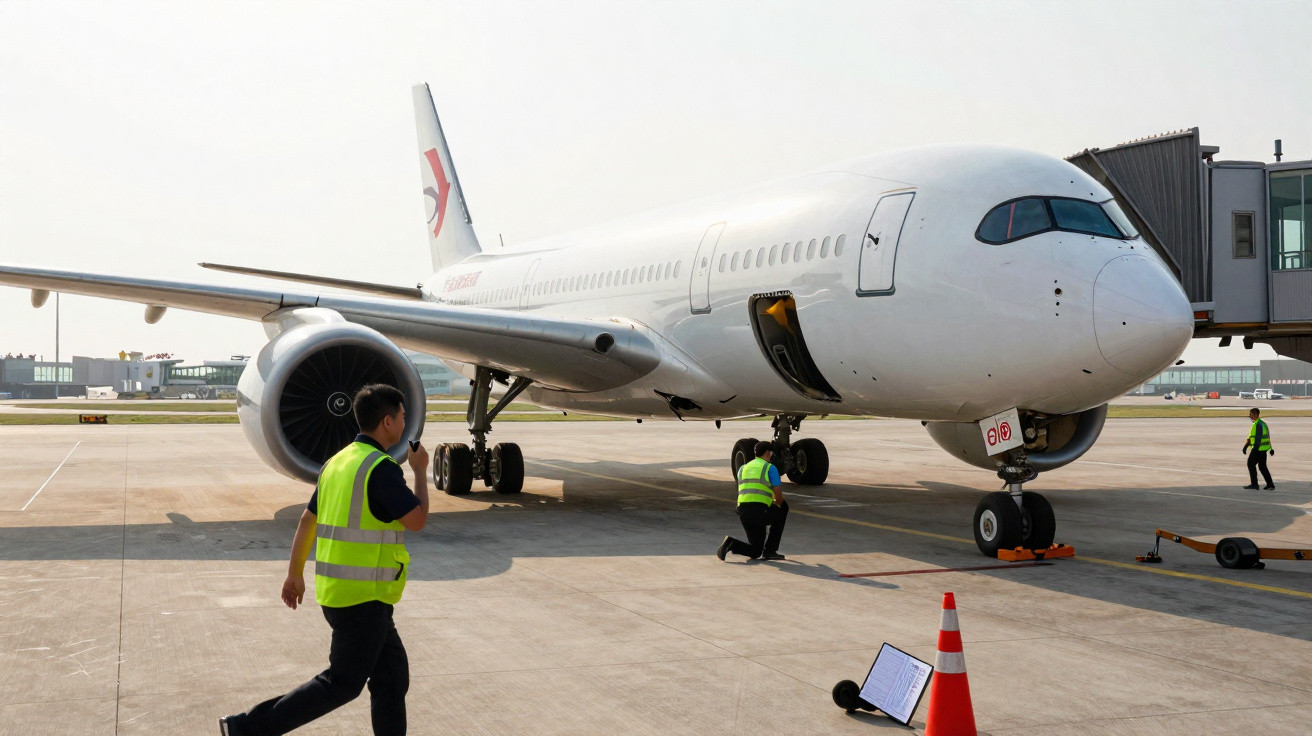 Funcionários em coletes refletores atuam na manutenção de avião branco estacionado no aeroporto.