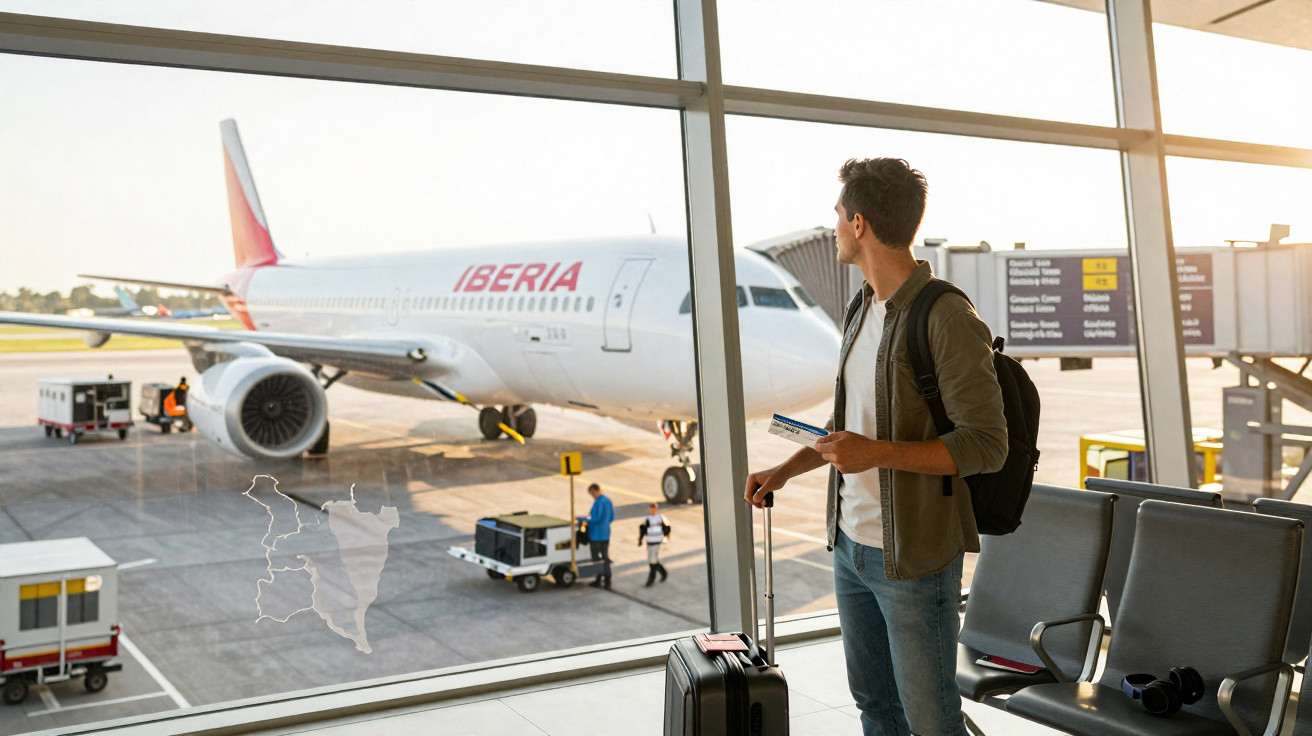 Homem com mochila e mala observa avião da Iberia no portão do aeroporto durante o pôr do sol.