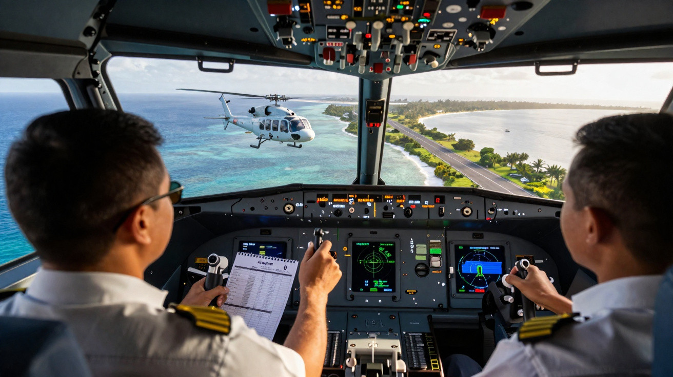 Dois pilotos dentro da cabine de um avião sobrevoando uma costa com helicóptero ao lado.
