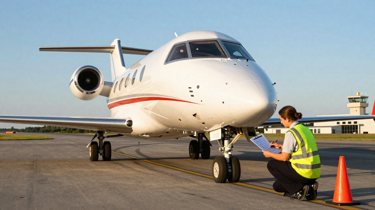 Avião executivo branco parado na pista com profissional de segurança conferindo checklist ao lado.