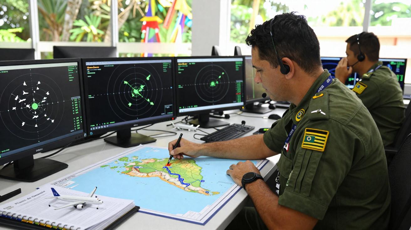 Militares em estação de controle monitorando radares e traçando rotas em mapa da América do Sul.