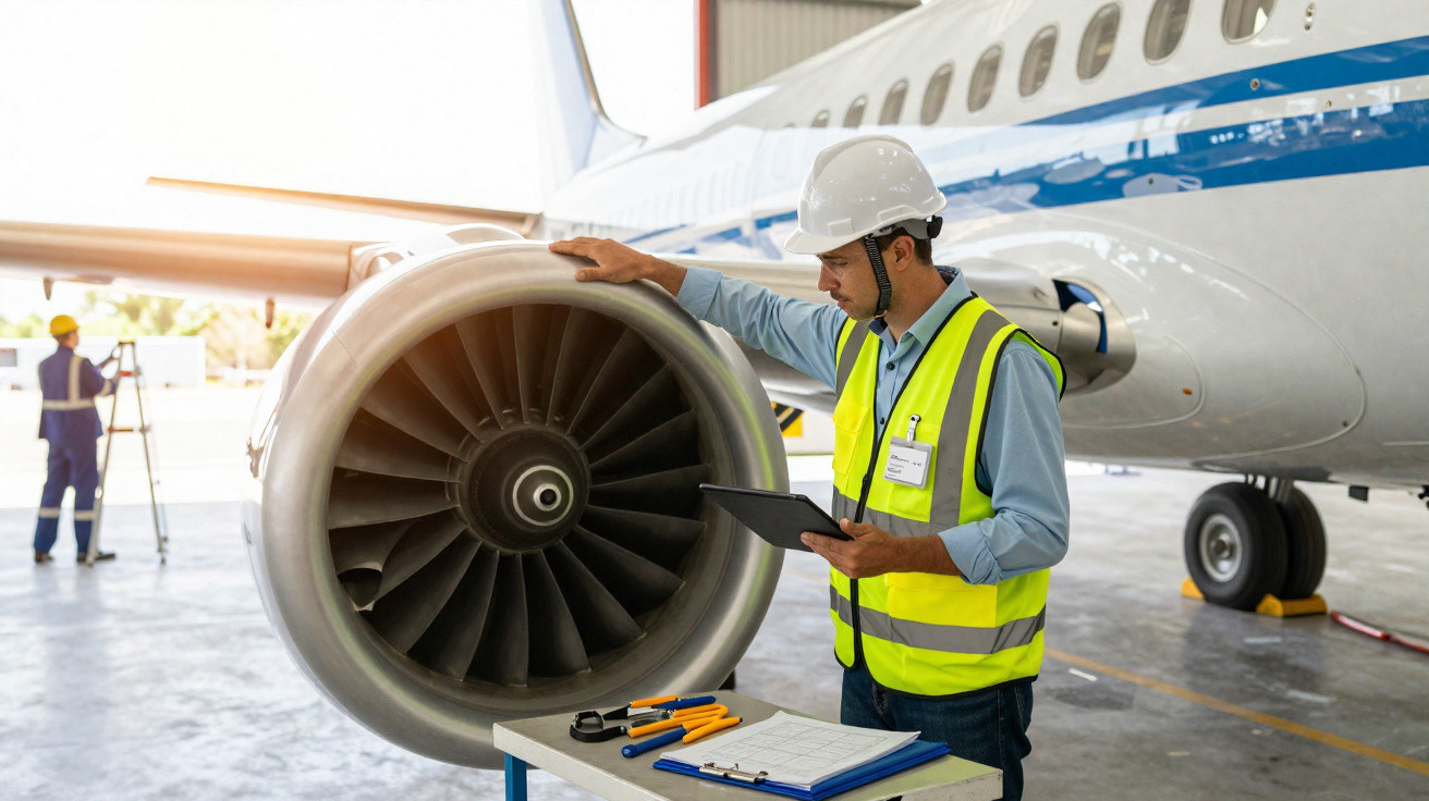 Engenheiro com colete refletivo e capacete inspeciona motor de avião em hangar com tablet e ferramentas.