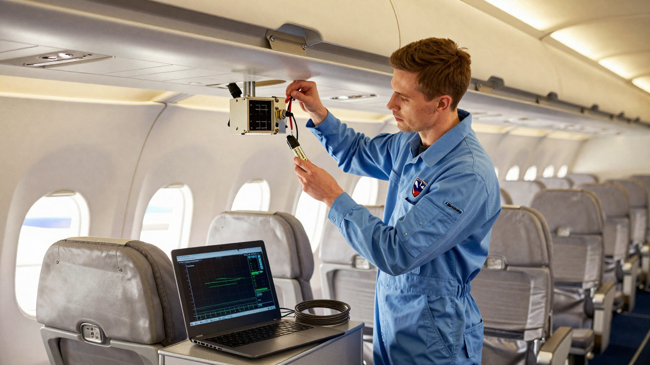 Técnico em uniforme azul ajusta equipamento eletrônico dentro de avião com laptop aberto ao lado.