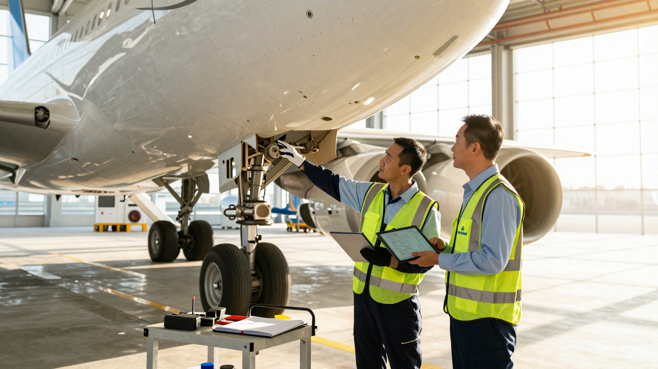 Dois técnicos inspecionam o trem de pouso de um avião em hangar iluminado.