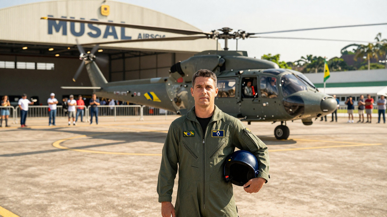 Militar brasileiro em uniforme verde com capacete na mão em frente a helicóptero militar no pátio do MUSAL.