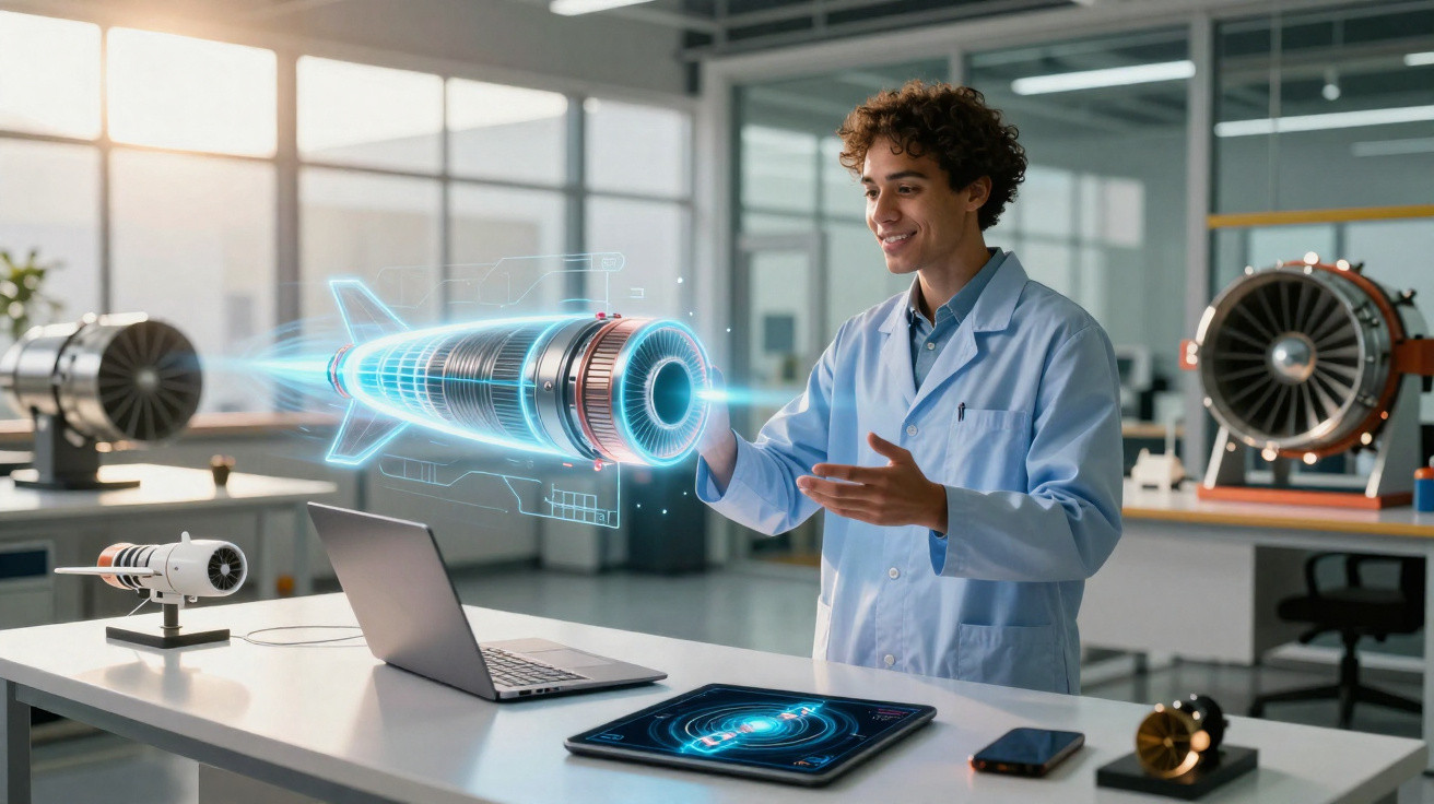 Engenheiro em laboratório interage com modelo holográfico de motor a jato projetado por computador.