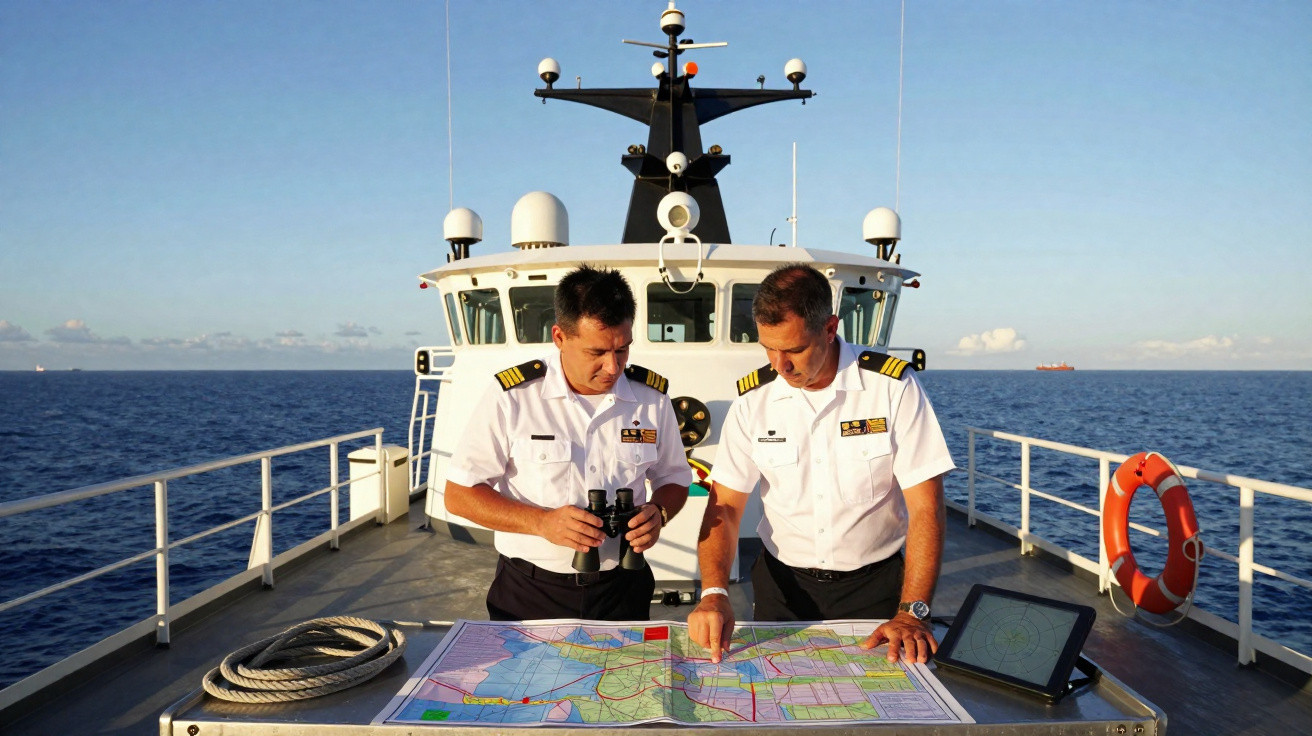 Dois oficiais navais analisam um mapa náutico no convés de um barco em alto mar.