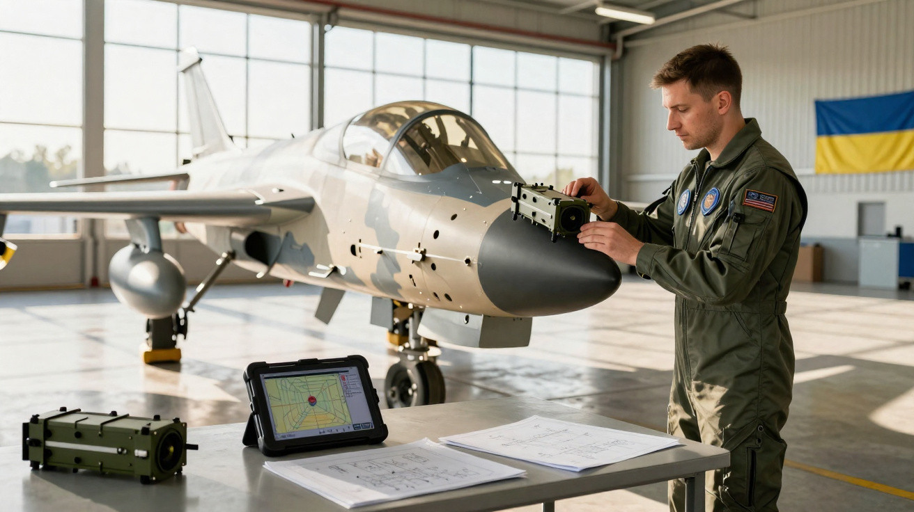 Homem em uniforme tecnológico realizando manutenção em avião militar dentro de hangar com mesa de ferramentas.
