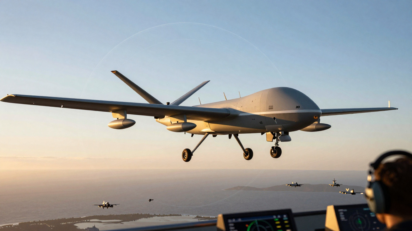 Drone militar voando ao pôr do sol com aviões e operador com controles à vista.