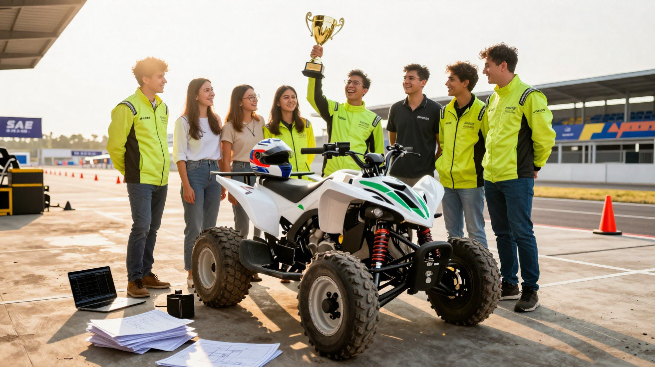 Jovens comemorando com troféu ao lado de quadriciclo branco em pista de corrida ao pôr do sol.